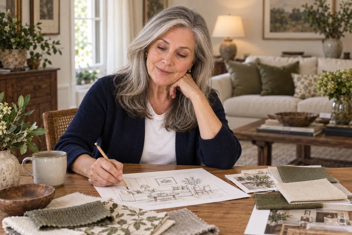 Helen planning a room — illustrative scene